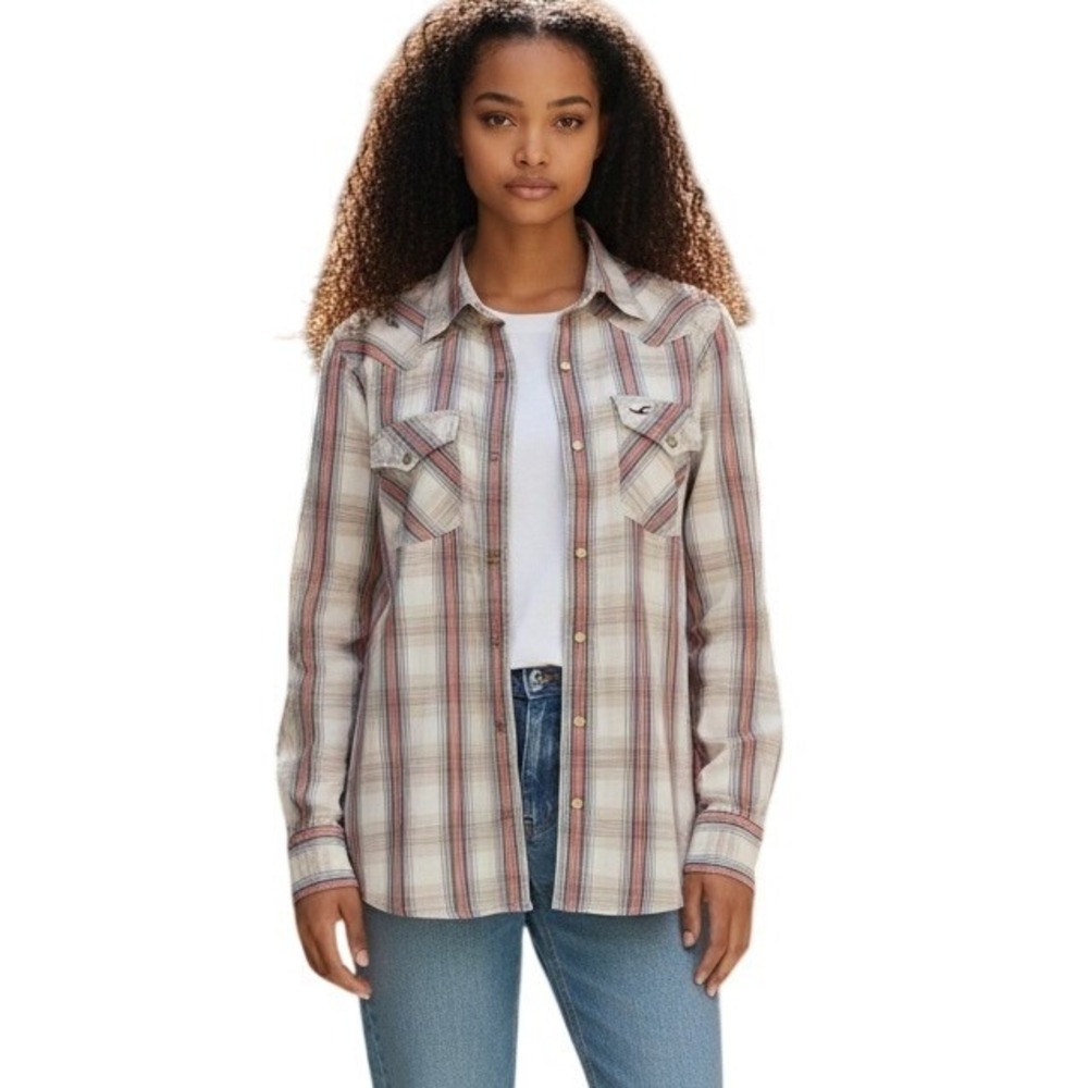 Hollister Womens Plaid Western Snap Button Down Shirt Cream Orange Blue Small